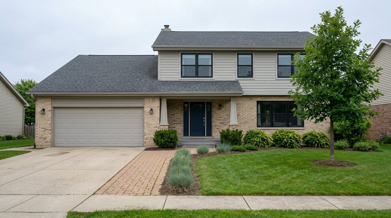 Two-story gray-and-brick suburban home with a navy door, paver walkway, lawn, and a mature oak tree.