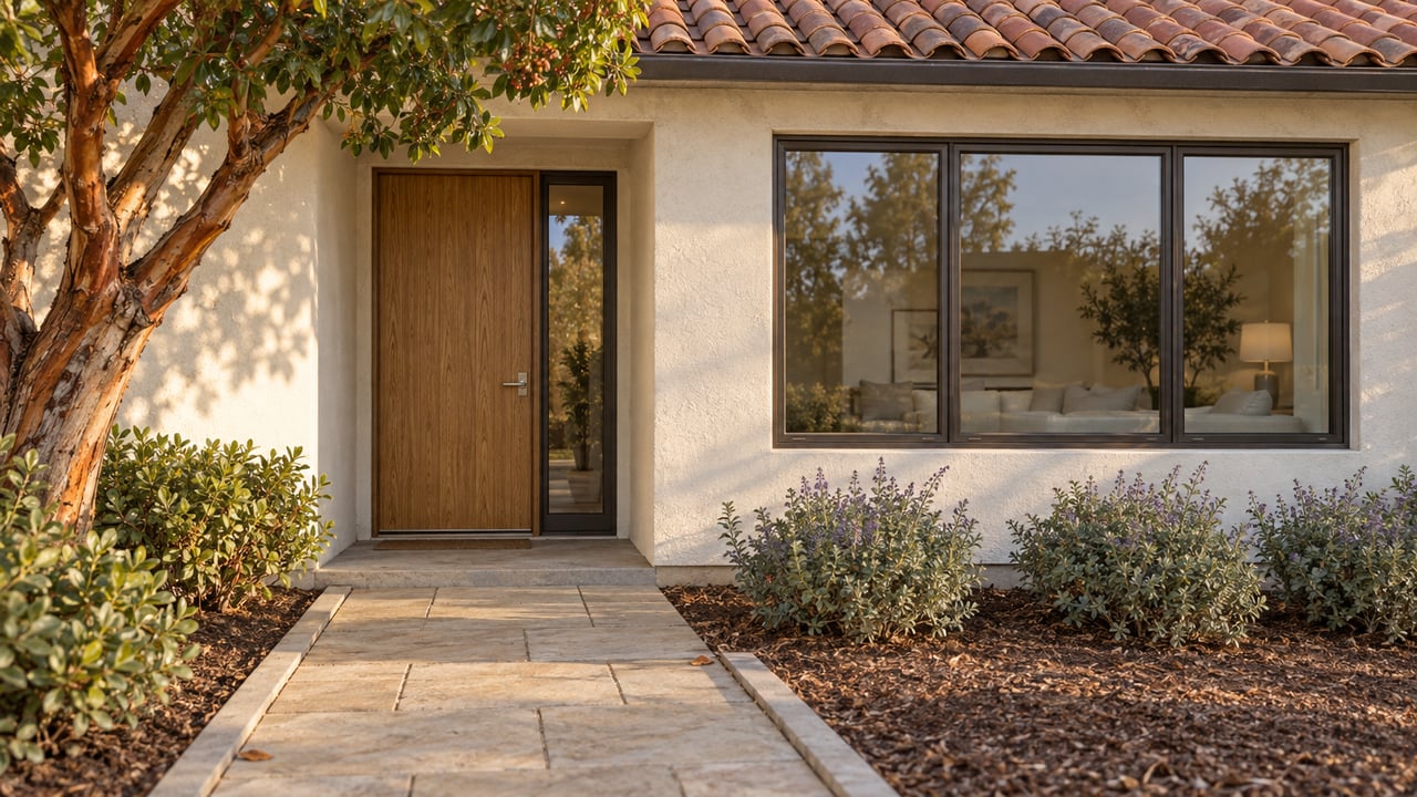 Warm afternoon light on an ivory stucco home with a clay-tile roof, recessed oak front door, bronze-framed window and planted paver approach.