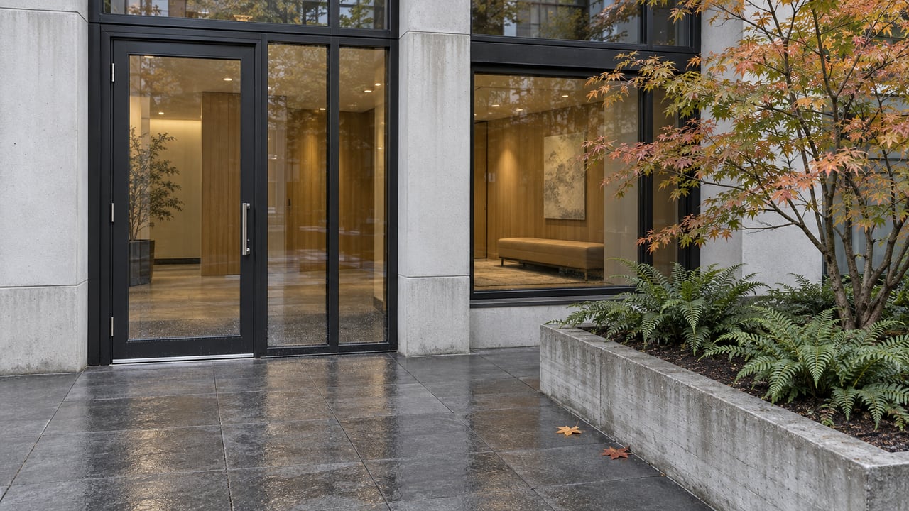 Black-framed glass residential entrance beside light-gray concrete and a raised bed with an autumn vine maple and sword ferns.