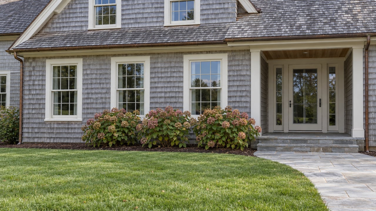 Weathered cedar-shingled house with tall windows, a recessed glazed entry, bluestone approach and generous lawn.