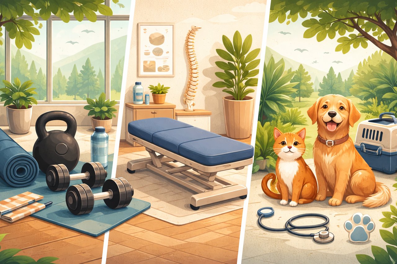 Wide illustrated graphic for Best Services winners in Pullman WA showing fitness, chiropractic care, and pet care themes for Pullman Crossfit, Carnahan Chiropractic Clinic, and Evergreen Veterinary Clinic
