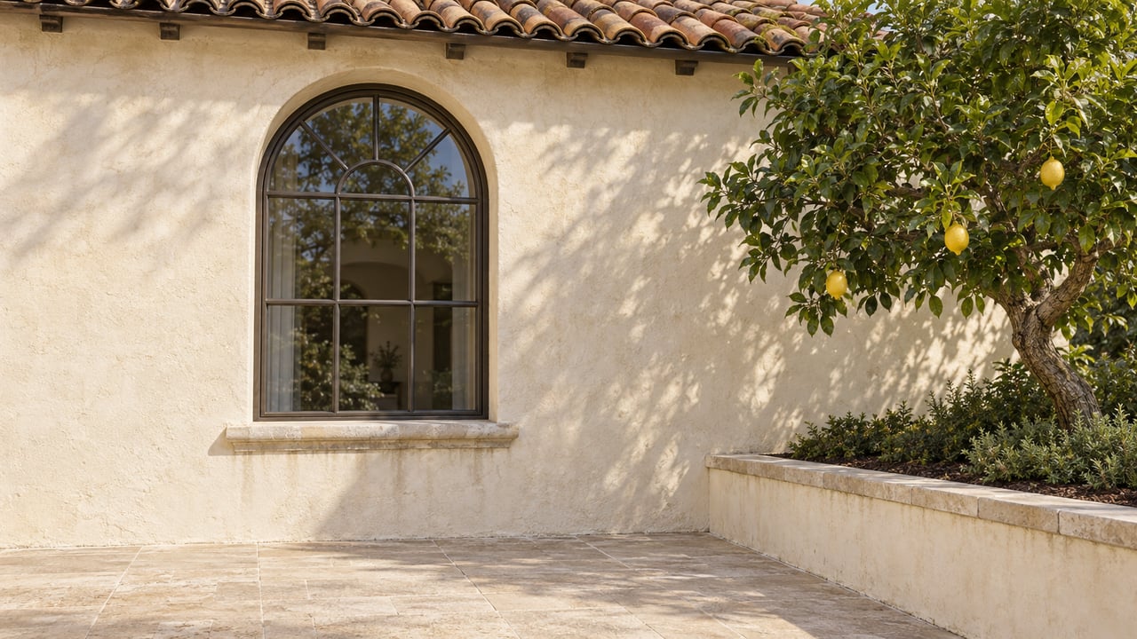 Arched bronze-framed window in ivory stucco beneath weathered clay roof tiles, beside a lemon tree in a raised limestone-capped bed.