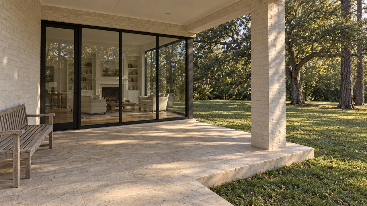 Covered limestone terrace beside a painted-brick home with black-framed windows, looking across a deep lawn toward mature oak and pine trees.