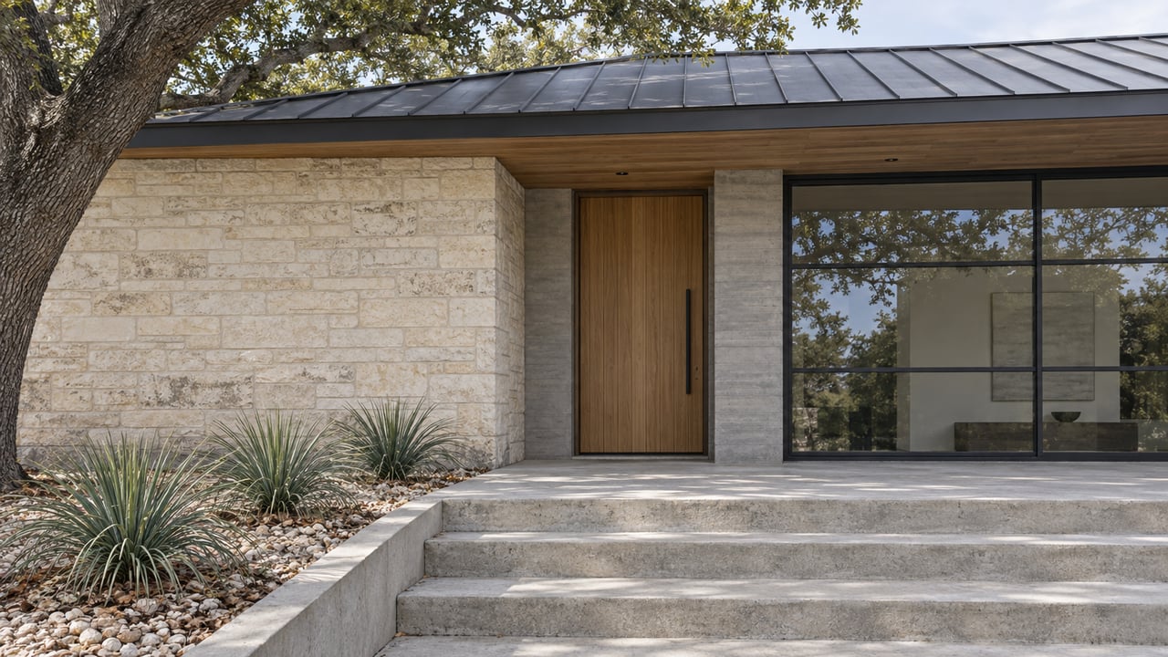 Limestone home entry with a recessed oak door, broad concrete steps, steel-framed window and a mature live oak.