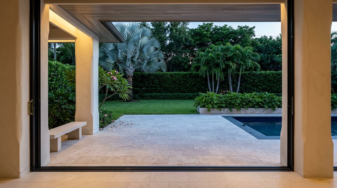 Warm-lit loggia opens onto a terrace, lawn, palms, and a sliver of pool at dusk.