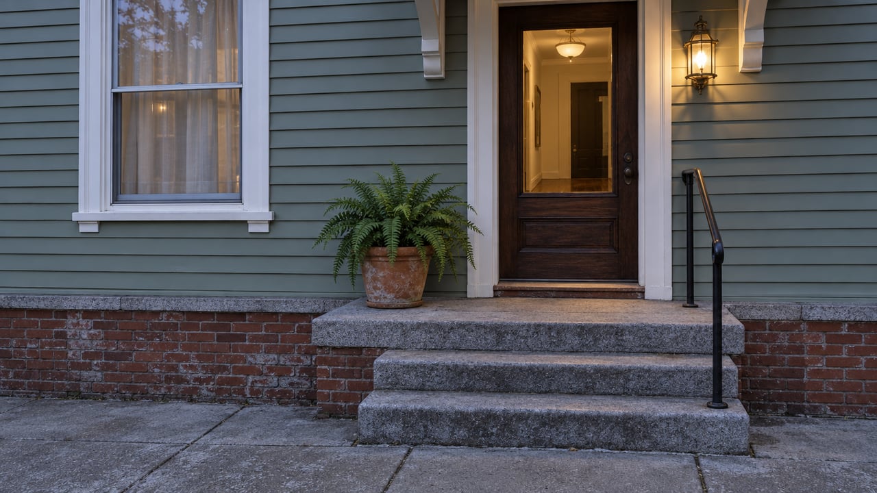 Sage clapboard residential entrance at blue hour, with an oak glazed door, white-trimmed window, granite steps and one potted fern.