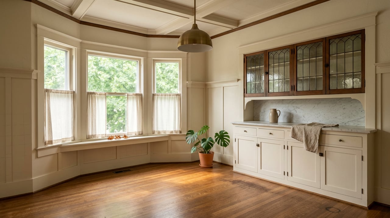 Dining room with a built-in buffet, leaded-glass cabinet, and sunlit bay windows.