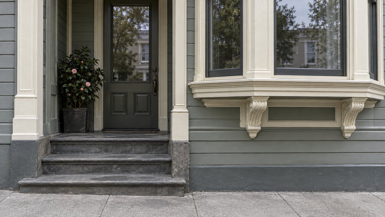 Gray-green timber entry with a glazed door, three limestone steps, and a potted camellia beneath a projecting bay.