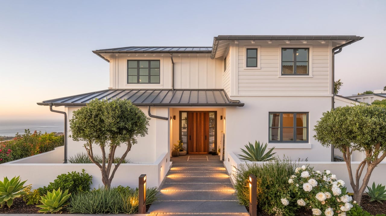 White two-story coastal house with a metal roof, lit entry path, and landscaped garden.