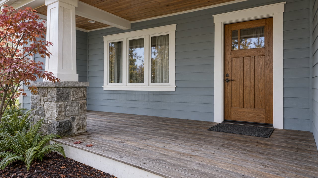 Covered porch with gray-blue siding, an oak entry door, weathered cedar decking, a stone-based column and copper-red maple leaves.