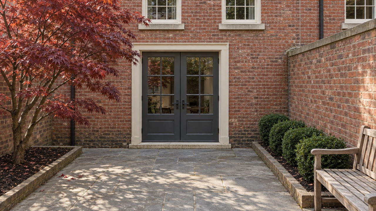 Elevated view of an enclosed brick townhouse garden with limestone paving, paired charcoal French doors, a burgundy Japanese maple and a low boxwood hedge.