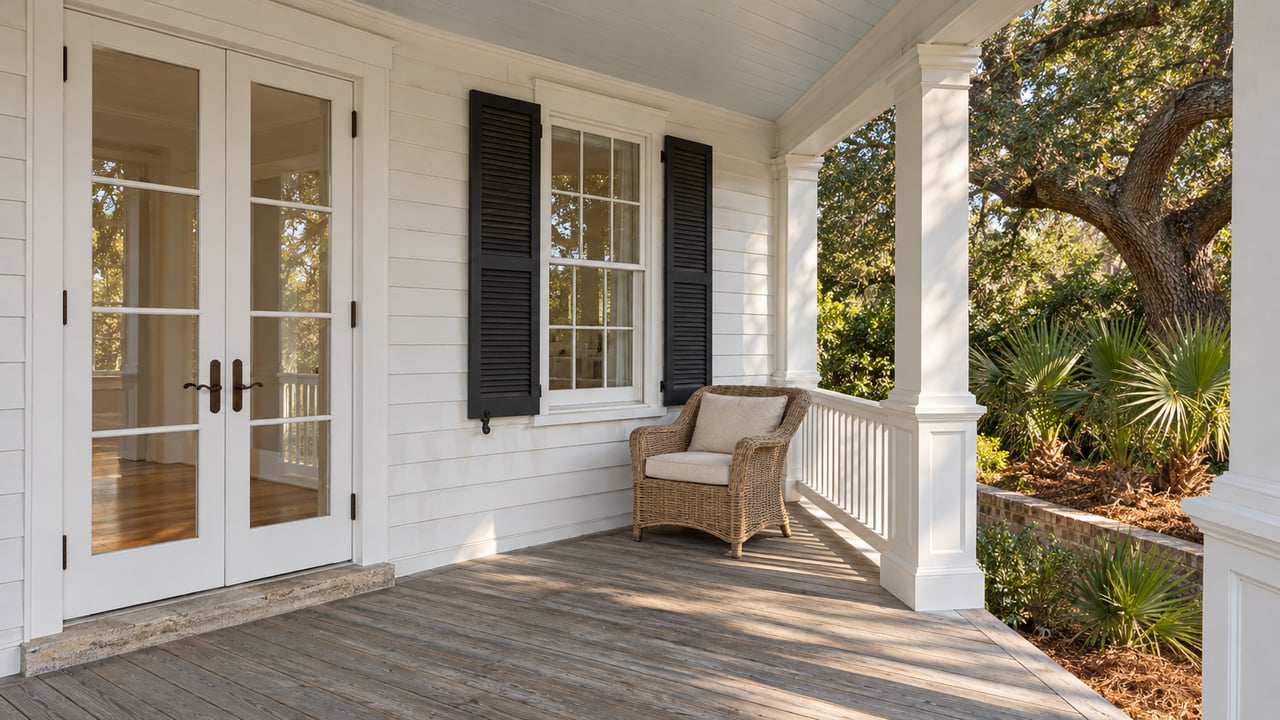 Sunlit white timber veranda with glazed French doors, weathered gray decking and a cane chair beside mature oak foliage.