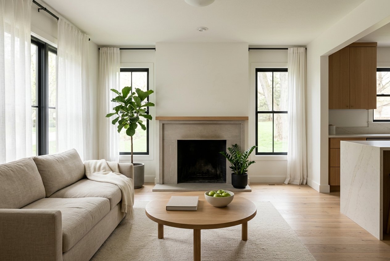 Living room with a fireplace and windows in the morning.