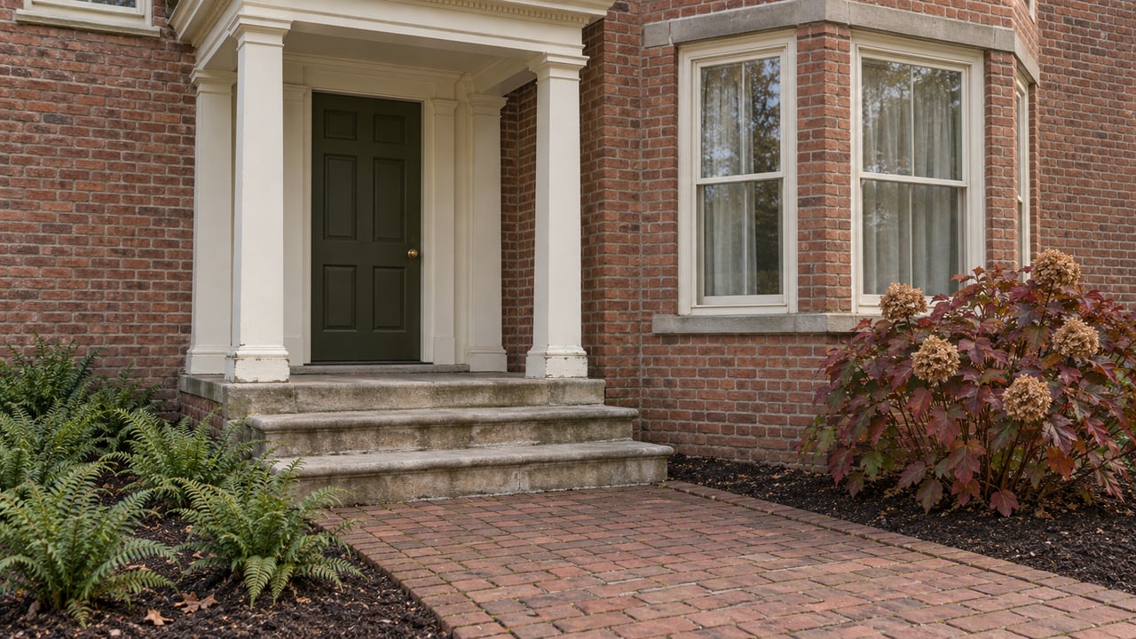 Autumn oakleaf hydrangea beside a historic brick home's cream-trimmed bay windows, stone entry steps and brick garden approach.