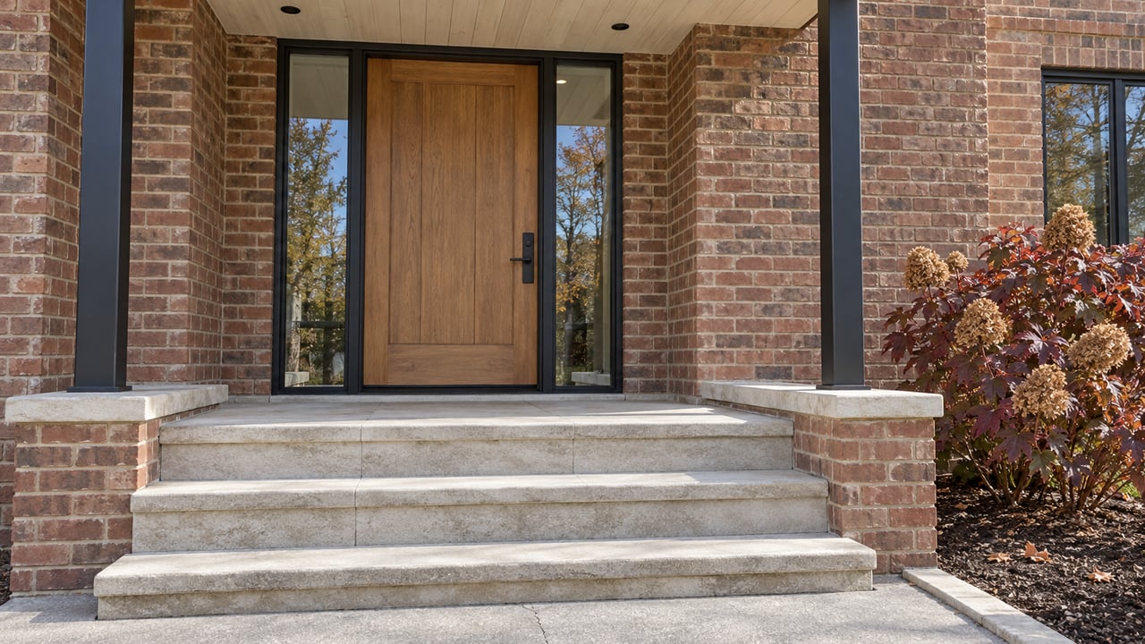 Low-angle view of limestone entry steps, brick porch piers and an oak front door with matching black-framed sidelights, beside burgundy oakleaf hydrangea.