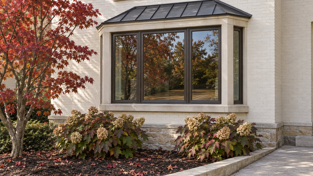 Ivory painted-brick window bay with bronze frames, limestone trim and autumn oakleaf hydrangeas beside a concrete approach.