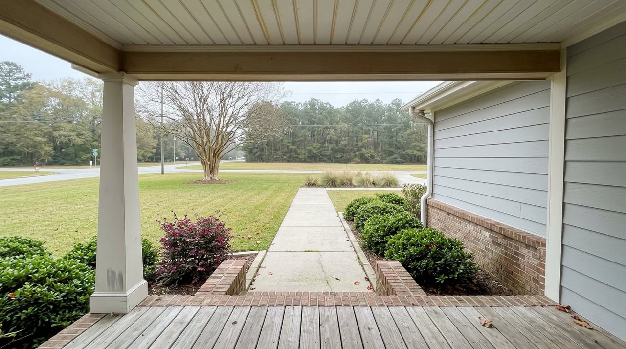 Covered porch overlooks brick steps, a concrete walkway, clipped shrubs, lawn, and a distant treeline.