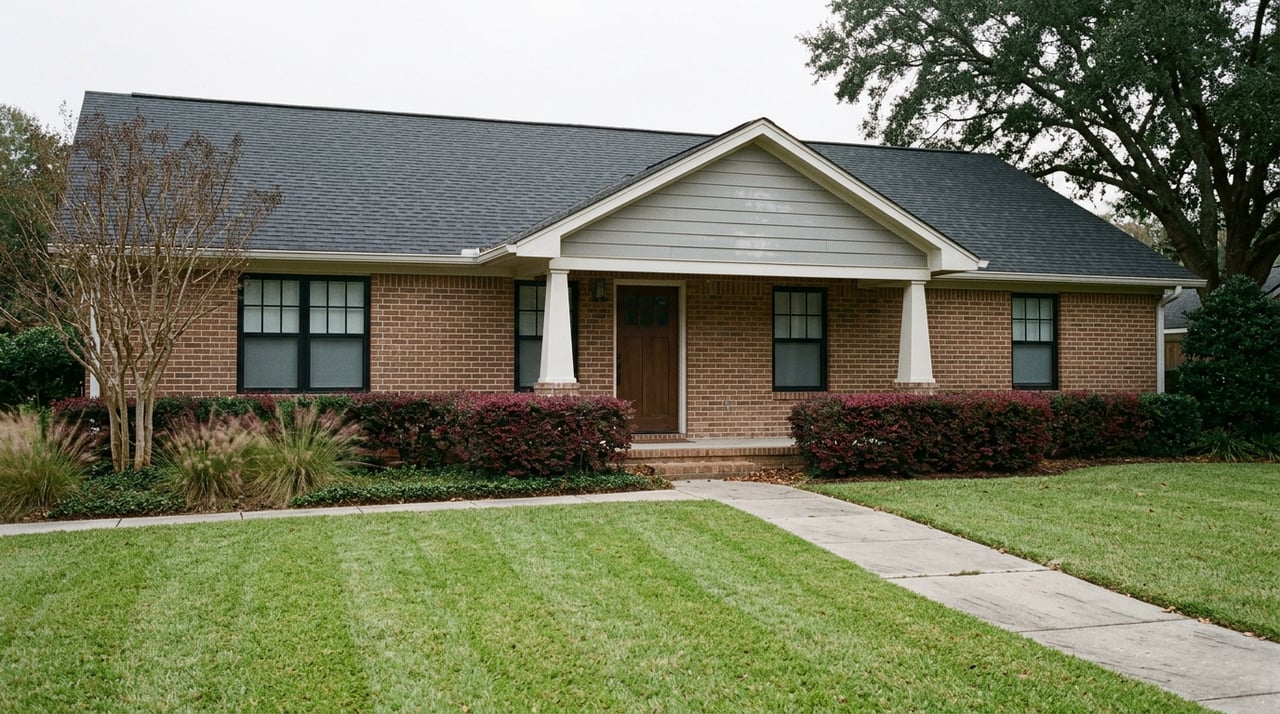 One-story brick home with a covered porch, diagonal concrete walkway, mowed lawn, and mature oak canopy.