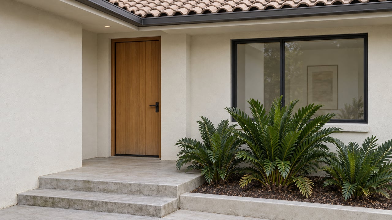 Warm-white stucco entrance with a wood door, black-framed window, pale concrete steps and three coontie plants beneath a sand-colored tile roof.