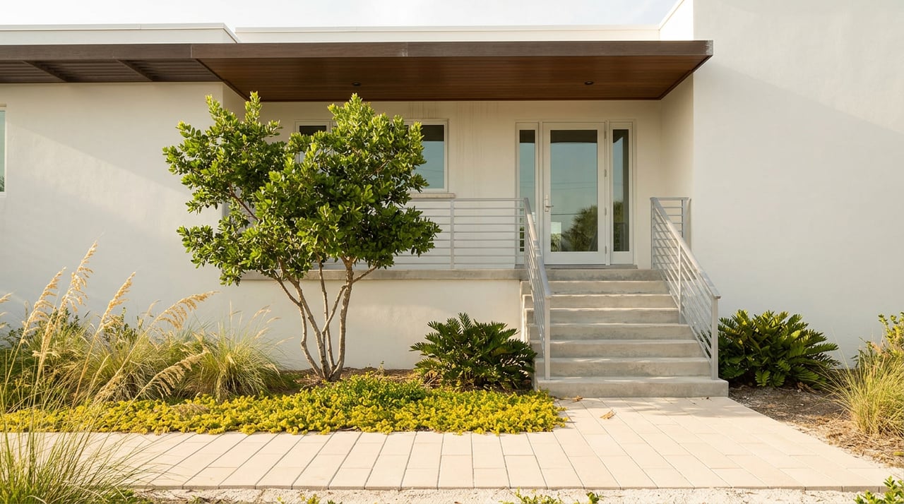 Raised coastal home entry with concrete steps, aluminum railing, trellis, and dune grasses lining the paver walkway.