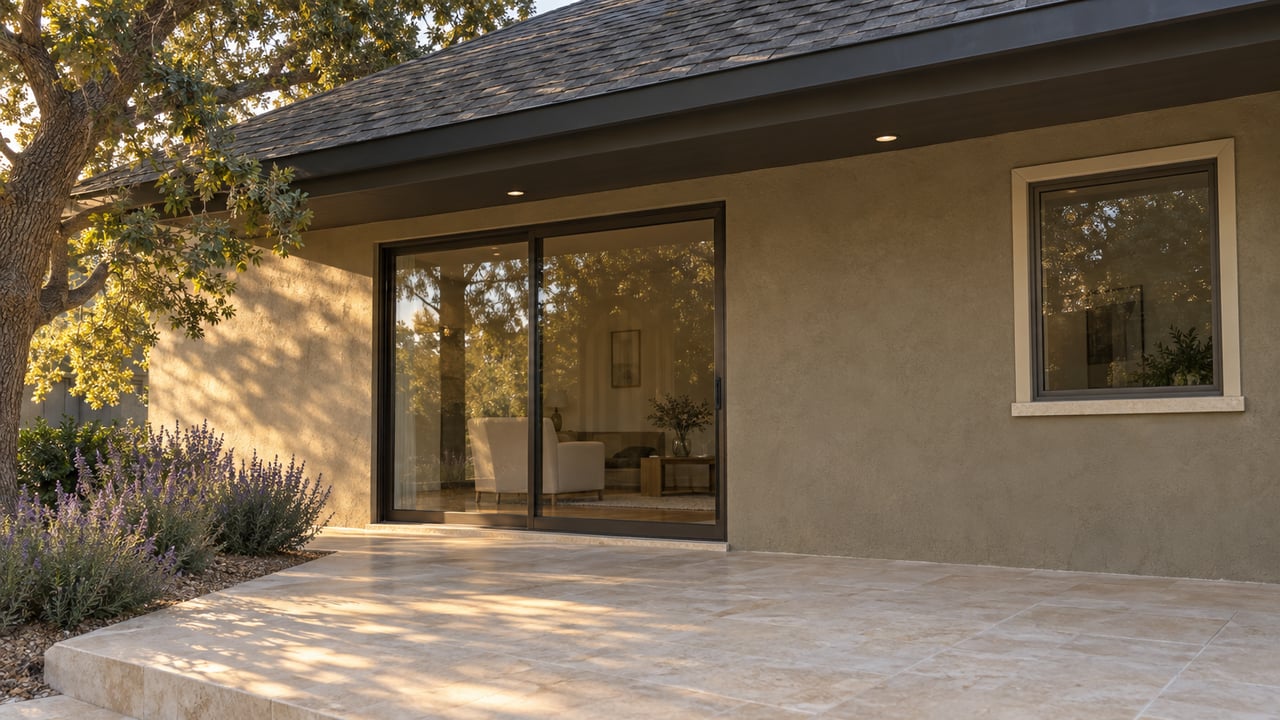 Covered patio with a tan stucco facade, glass slider, limestone paving, and oak tree beside the step.