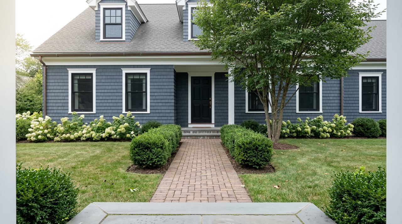 Slate-blue shingle colonial with a black-paneled door, brick walk, clipped boxwood hedges, and a serviceberry tree.