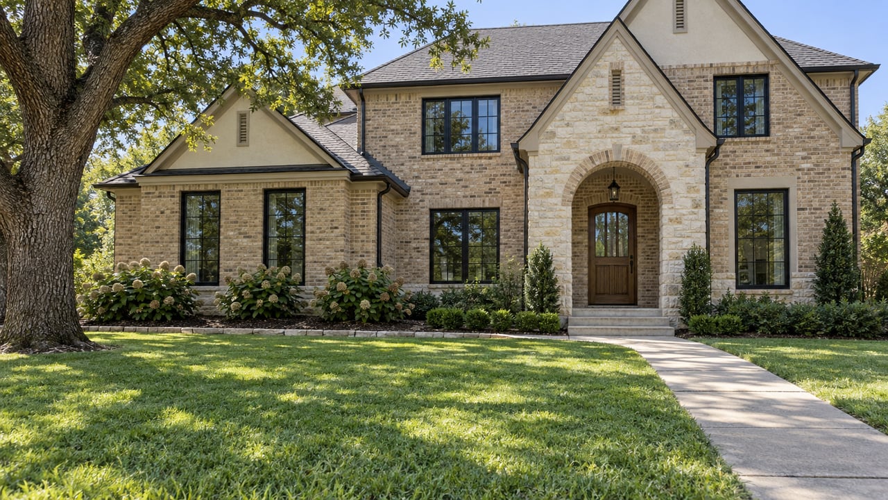 A large brick and limestone home behind a broad lawn, with a mature oak, black-framed windows and a recessed arched entrance.