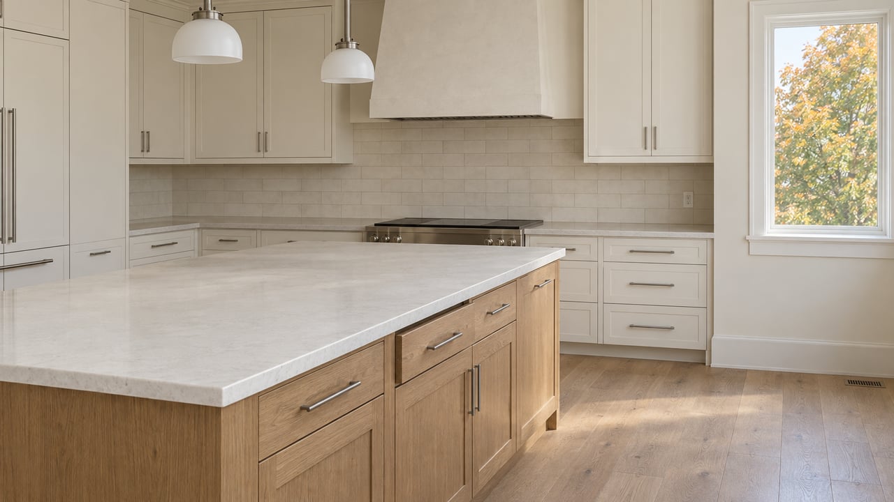 Daylit kitchen with ivory cabinetry, an oak island, pale quartz counters and wide-plank oak flooring.
