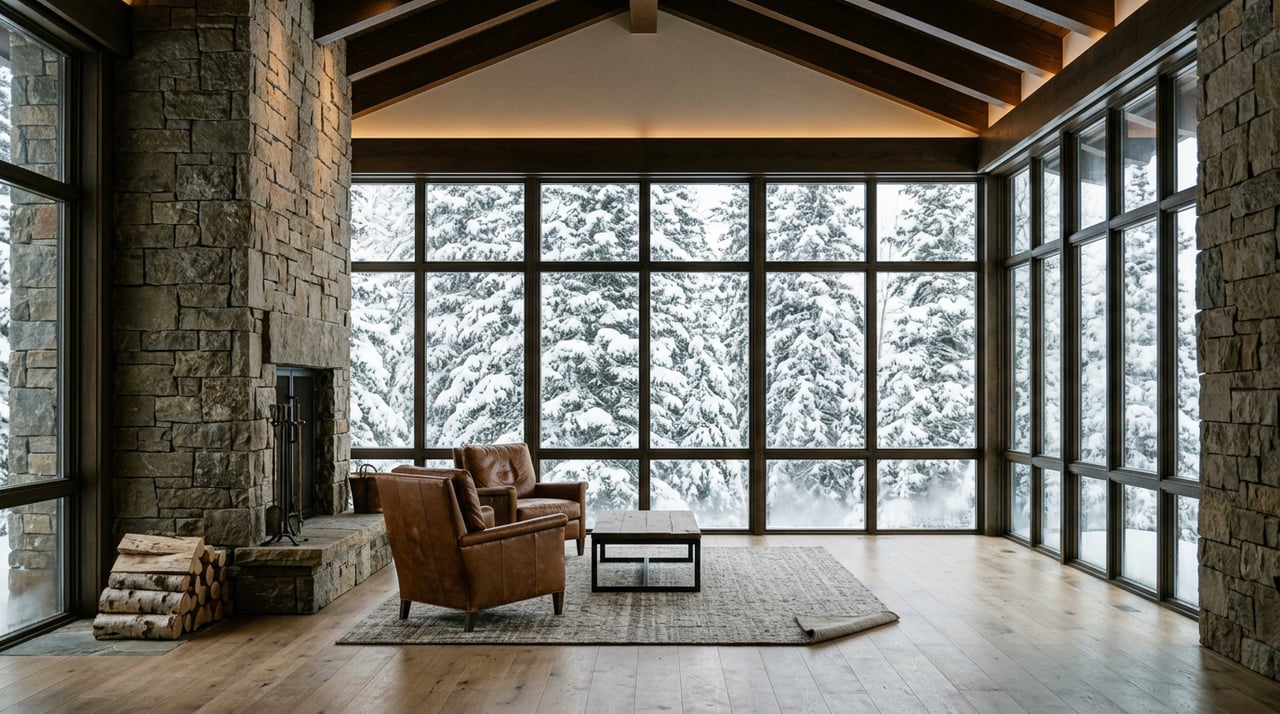 Mountain lodge great room with a stacked-stone fireplace, leather chairs, and snow-laden evergreens beyond the glazed wall.