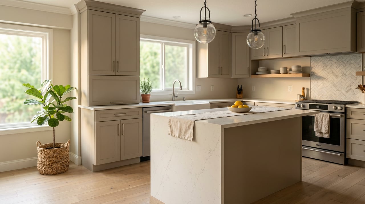 Updated kitchen with a white waterfall island, greige cabinets, pendant lights, and lemons in a ceramic bowl.