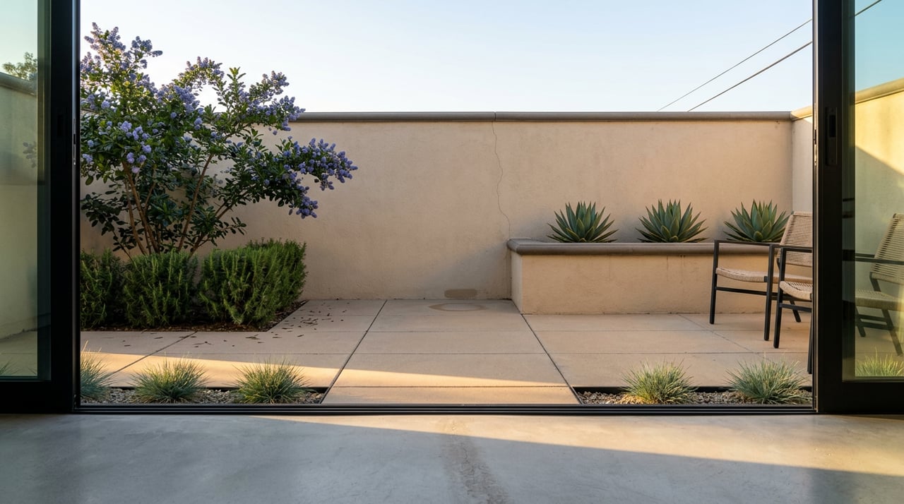 Open glass door reveals a paver patio with blue agaves, flowering shrubs, and woven-rope chairs.