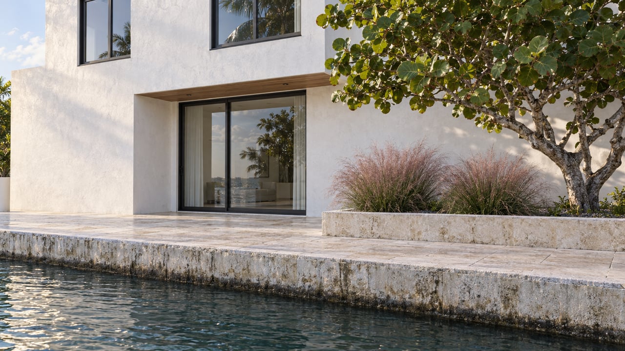 White coastal house with sliding glass door above a limestone seawall, reflected in still tidal water.