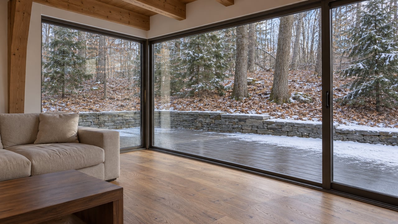 Timber-beamed living room with an oatmeal sofa, oak flooring and closed corner glazing overlooking a lightly snow-dusted terrace and bare maple trees.