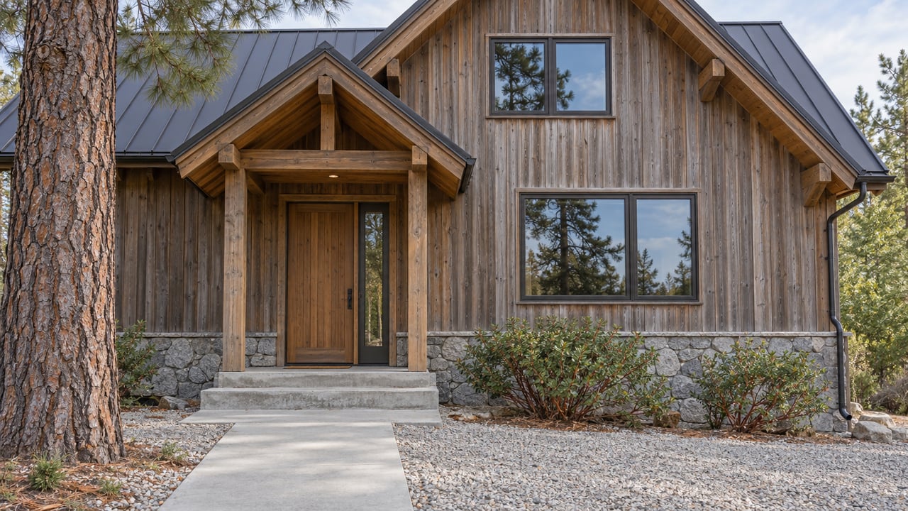 Weathered cedar home with a steep metal roof, granite foundation, glazed windows and a concrete entry walk beside a mature Jeffrey pine.