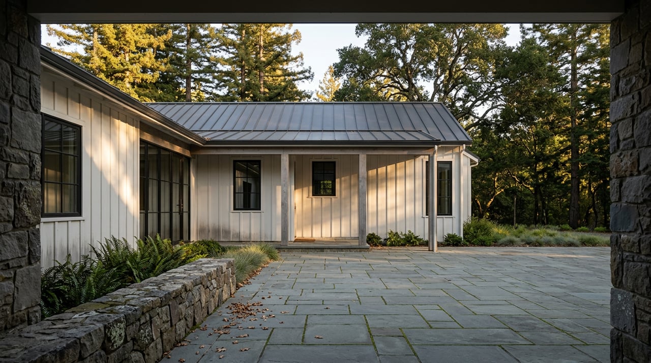 Hillside estate facade with white board-and-batten siding, stone pavers, and mature redwoods and oaks behind it.