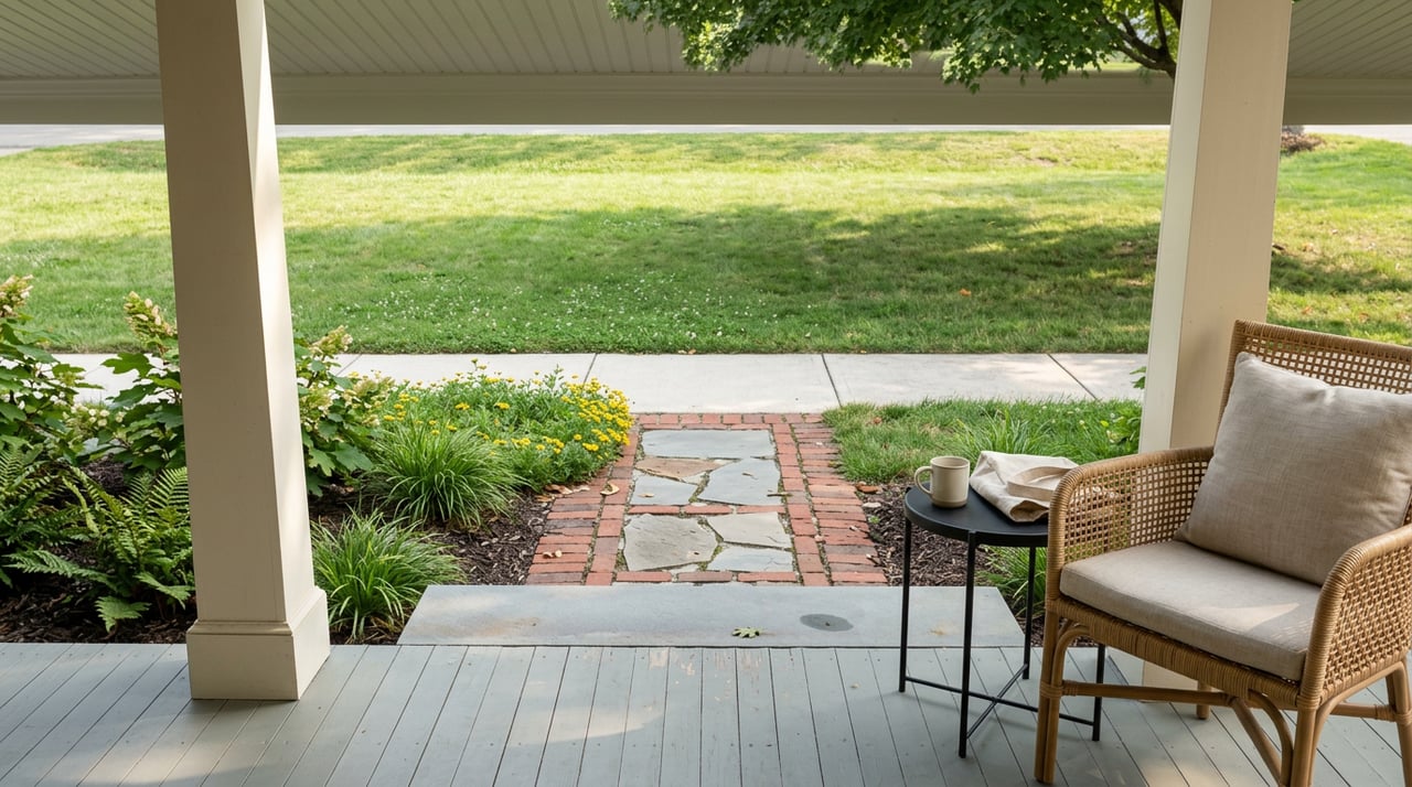Cottage porch with a cane chair, coffee mug, and brick walk leading through lawn to the sidewalk.