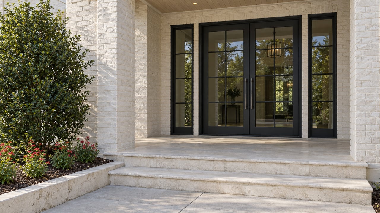 Close view of a light-painted brick entry with black glazed double doors, limestone steps, and a carefully edged planting bed.