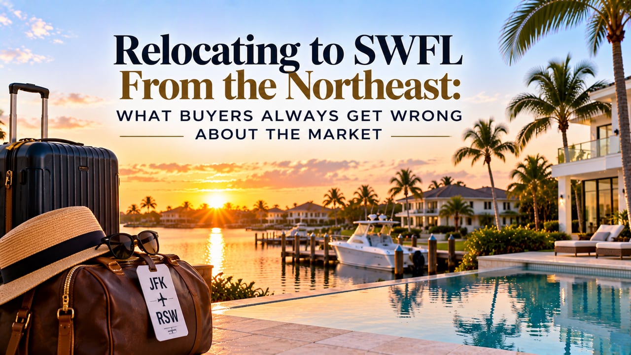 Luxury Southwest Florida waterfront home at sunset featuring a private pool, palm trees, boat dock, and travel luggage with a JFK-to-RSW airport tag, illustrating relocation from the Northeast to Naples, Fort Myers, Estero, and Bonita Springs and what homebuyers should know about the Southwest Florida real estate market.