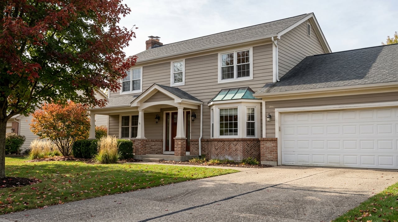 Two-story greige house with brick entry piers, copper bay roof, broad driveway, and red autumn maple.