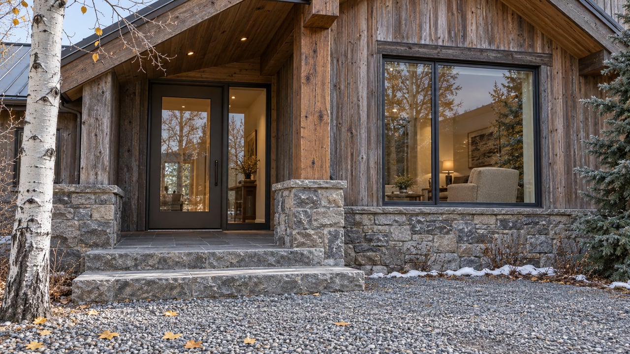 A cedar-and-stone home entrance beneath a steep metal roof, with warm enclosed windows, a nearly bare aspen and traces of snow beside the gravel approach.