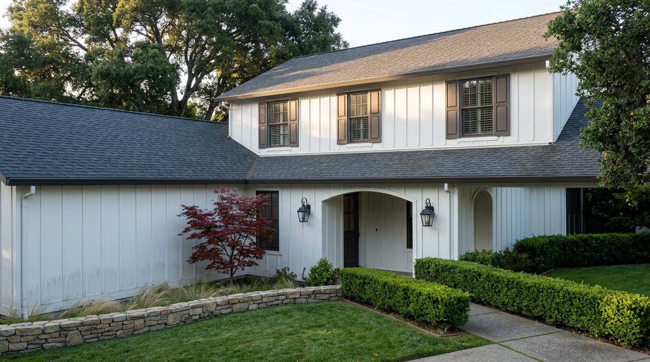 White two-story home with a dark gabled roof, arched porch, shuttered windows, and oak canopy.