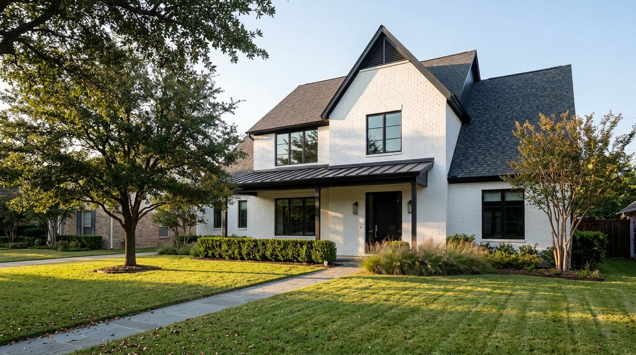 Two-story white-brick house with a charcoal gabled roof, black-framed windows, and a curving bluestone walkway across the lawn.