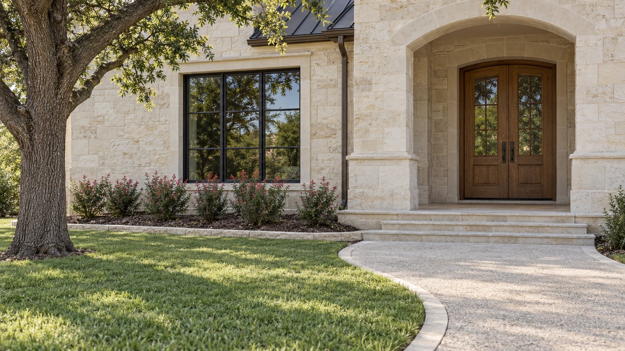 Cream limestone home with a recessed arched oak entry, black steel window, broad lawn, and a mature oak beside the approach.