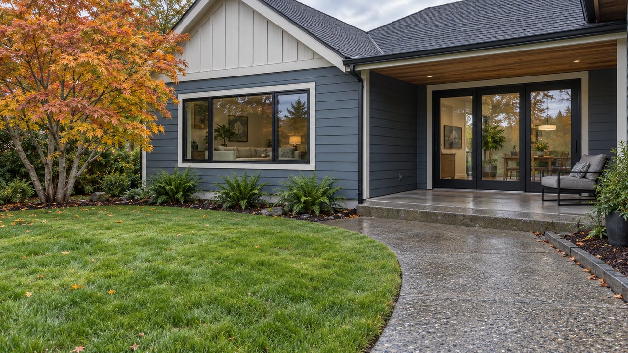 Slate-blue gabled home with black-framed glazing, a covered concrete patio, autumn vine maple and a rain-darkened garden walk.