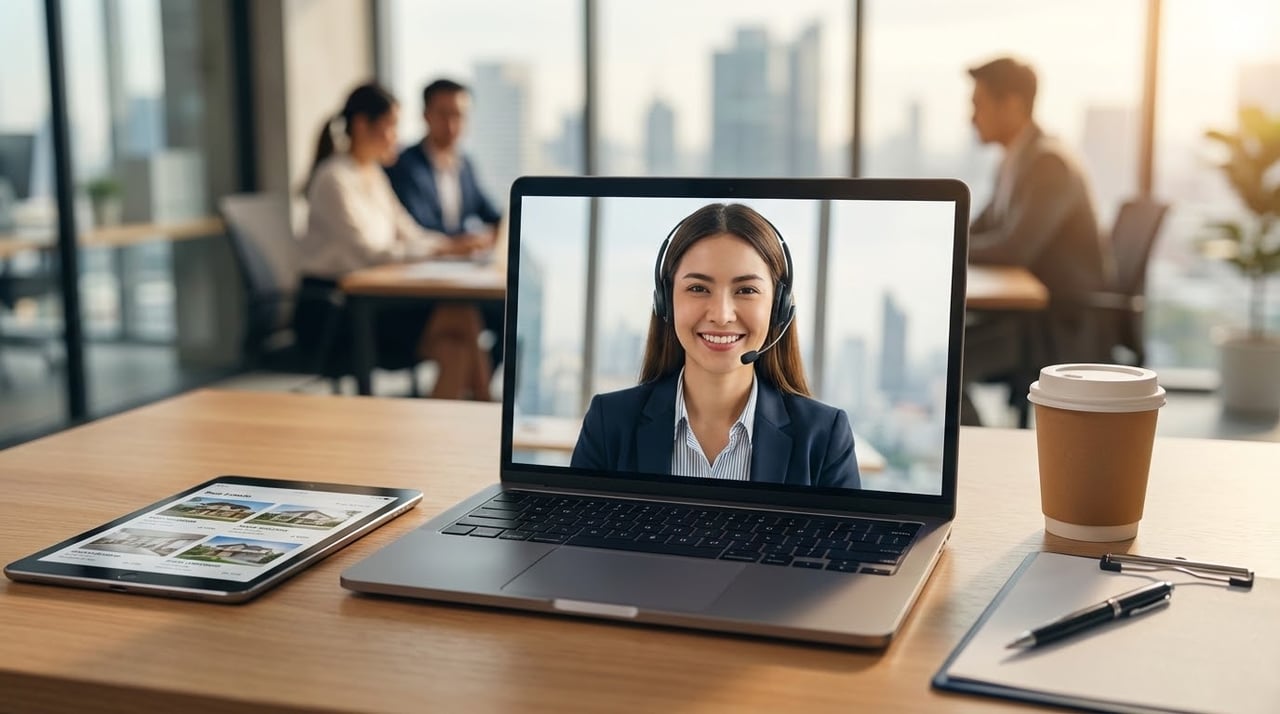Real estate office workspace with laptop displaying a virtual assistant supporting real estate business operations.