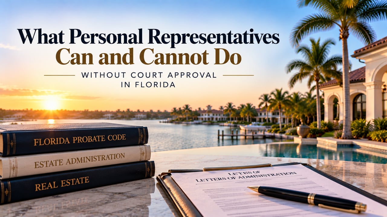 Florida waterfront estate with probate documents and Letters of Administration, illustrating what personal representatives can and cannot do without court approval when managing and selling estate real estate in Florida.