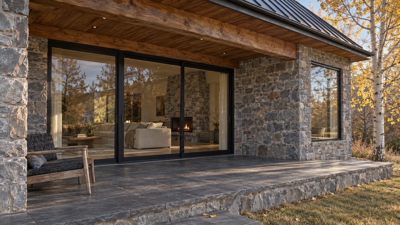 Autumn light across a timber-covered stone terrace, black-framed glass doors and a teak lounge chair beside a yellow-leaved aspen.