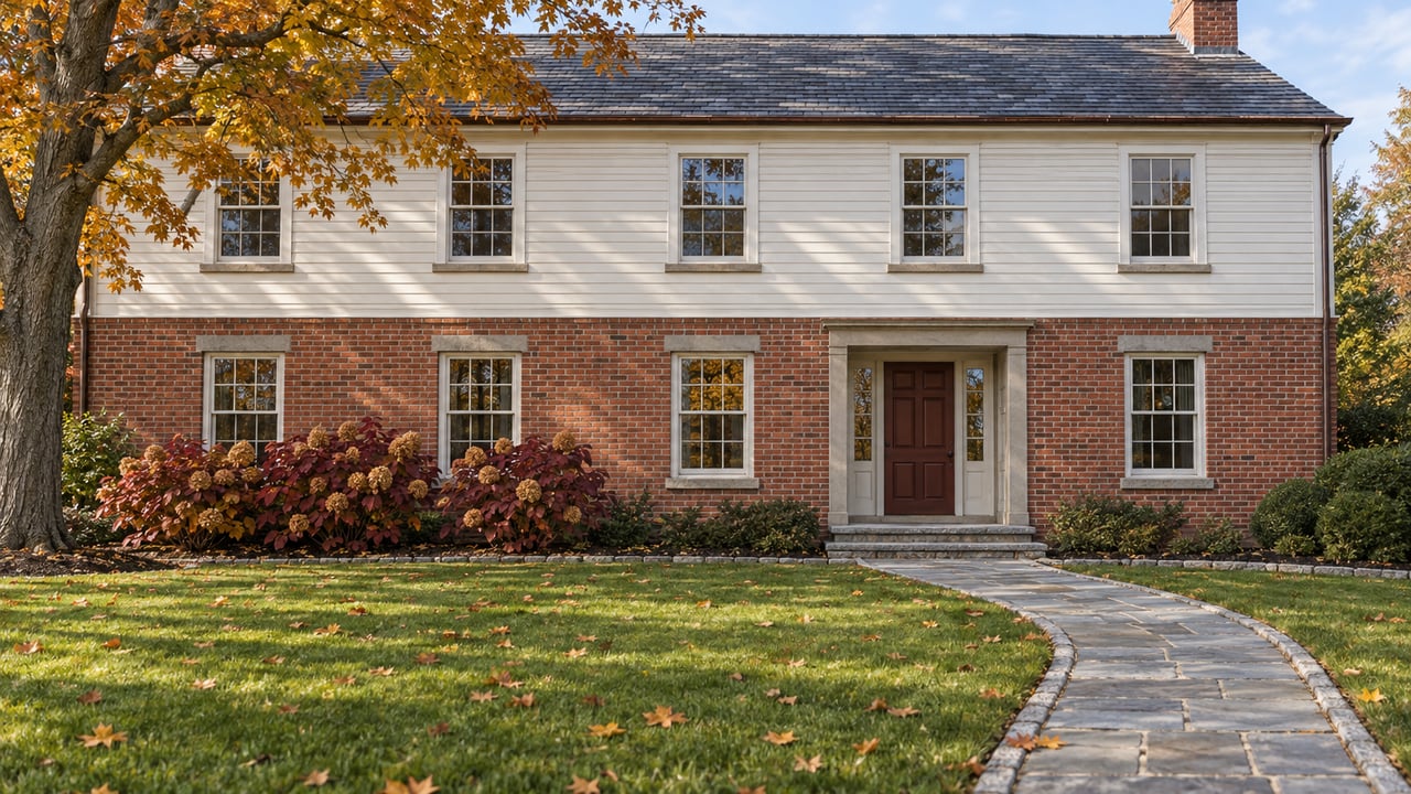 Brick-and-white-clapboard home across a deep autumn lawn, with a curving bluestone approach and amber maple canopy.