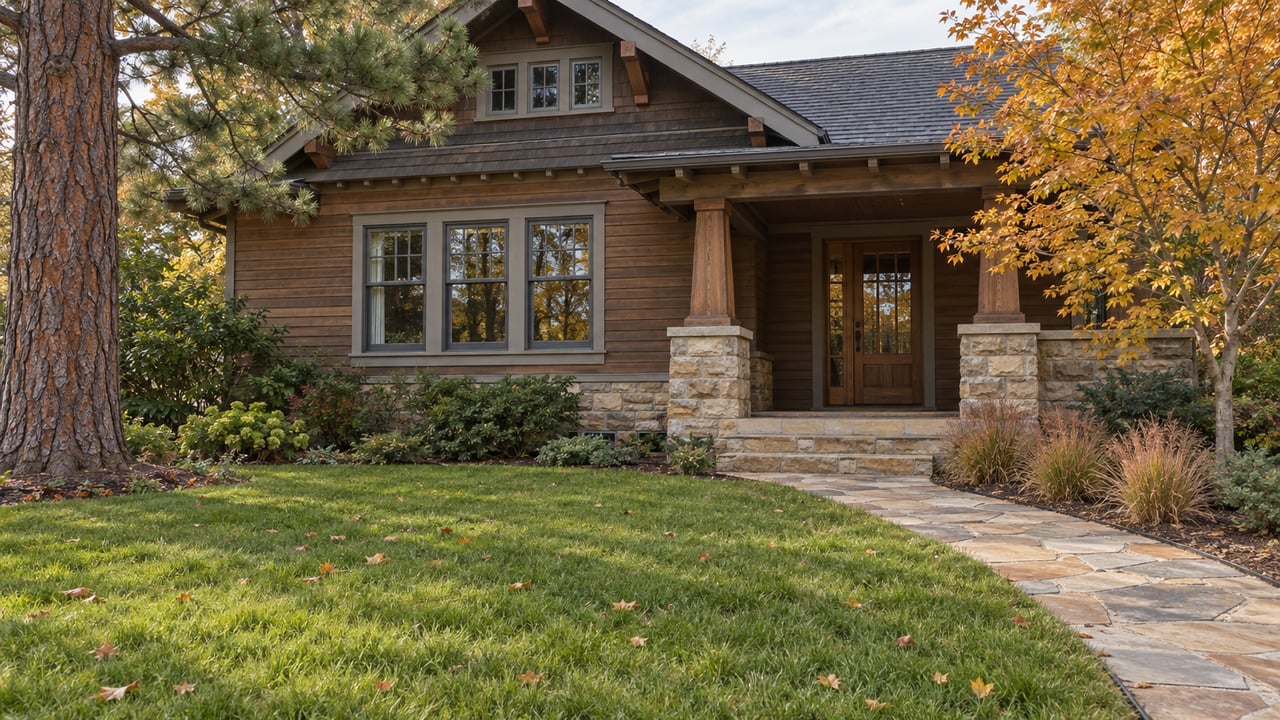 Autumn garden in front of a cedar-sided Craftsman home with sandstone porch piers and golden maple leaves.