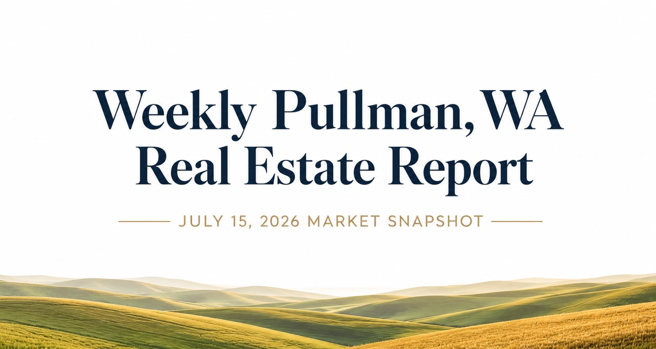 Professional blog header for Jordan Vorderbrueggen's July 15, 2026 weekly Pullman, WA real estate market report featuring current housing market activity and inventory by price range.